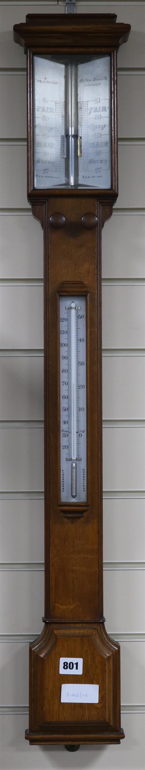 Pillischer, London, Victorian oak barometer H.98cm